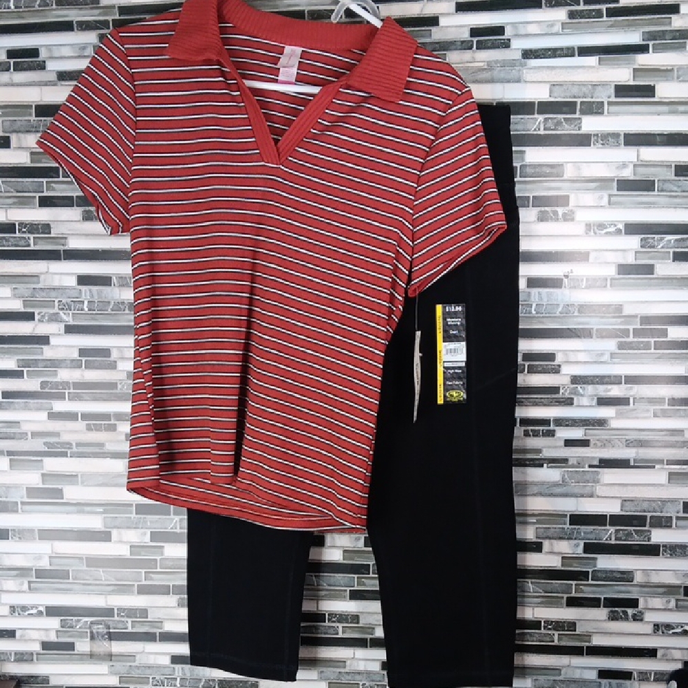 No Boundaries Red White Striped Top 11-13 Black Capri Pockets L/G 12-14 NWT 2 Pc